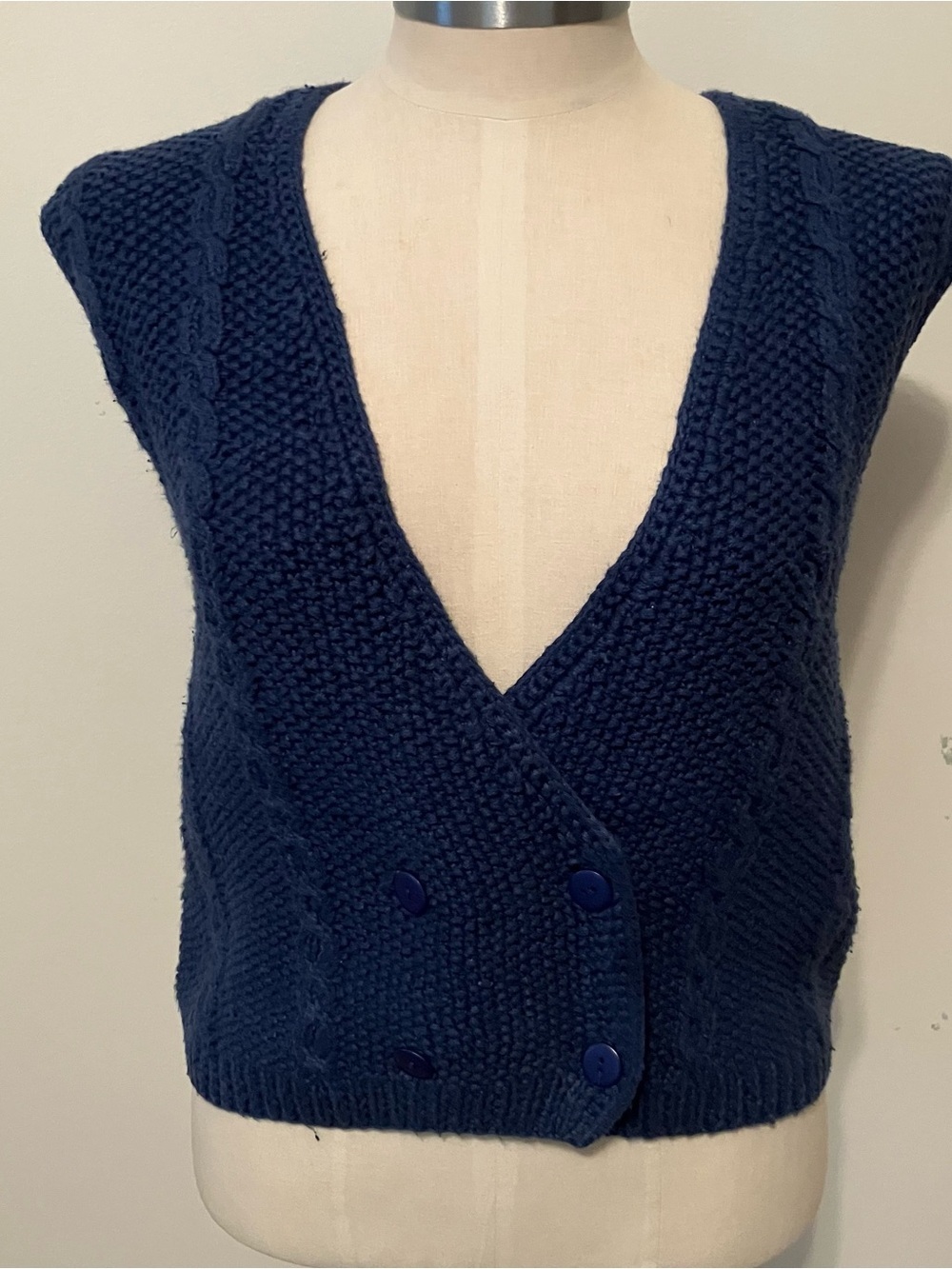 VTG Women’s Button Wrap Balletcore Cable Vest Sweater Blue Sz. M Robert Scott